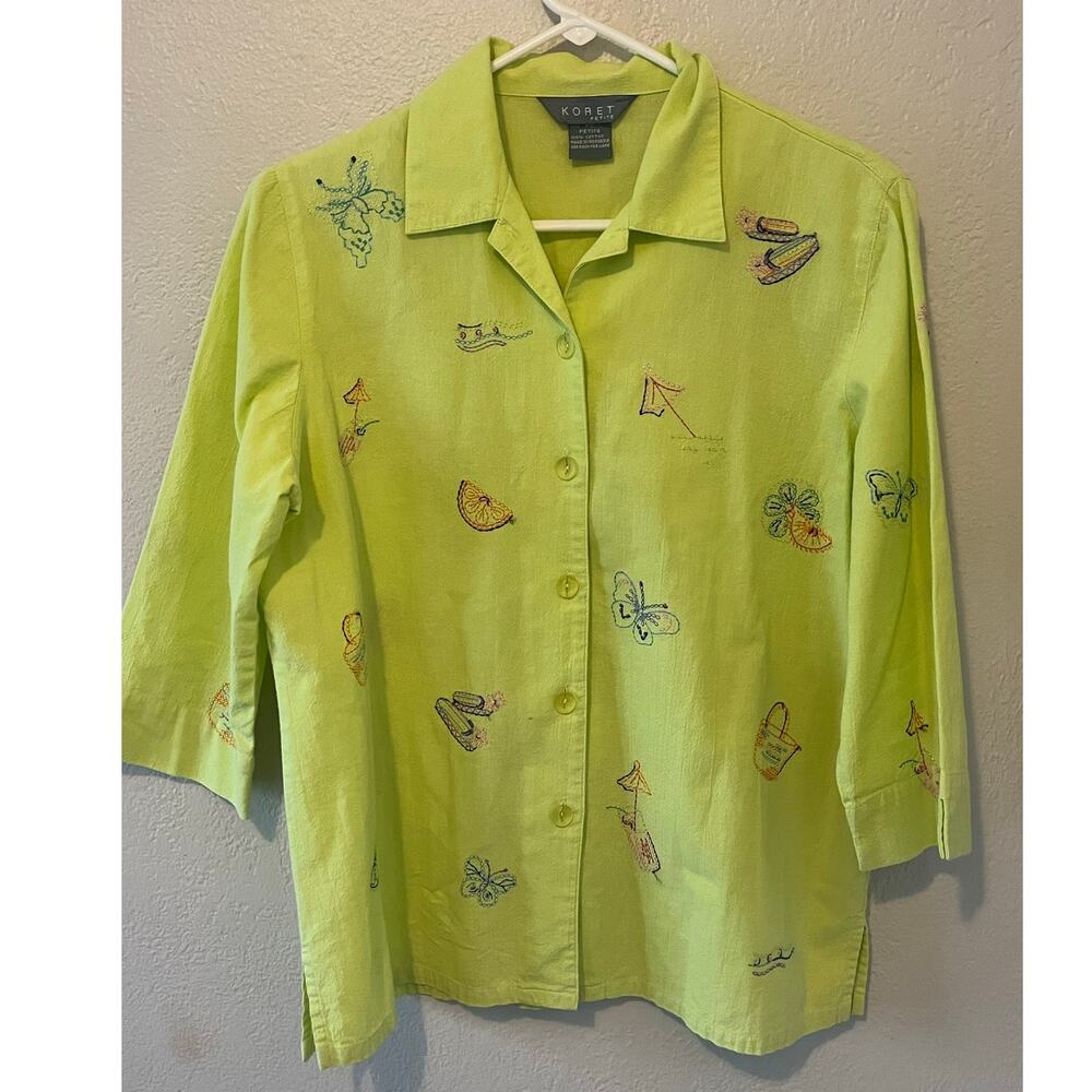 Women's Vintage Koret Lime Beach Embroidered Button Down Shirt Size Petite Small